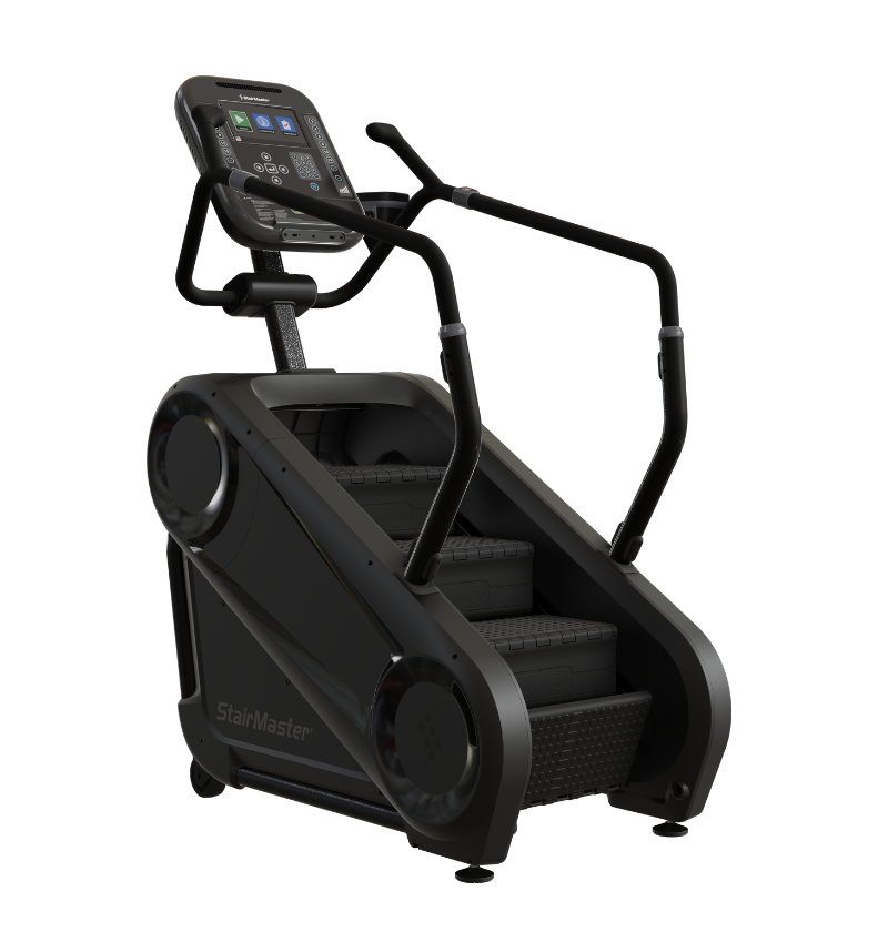 Black stairmaster exercise machine on a white background