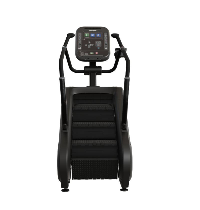 Black stair master machine with digital display on a white background