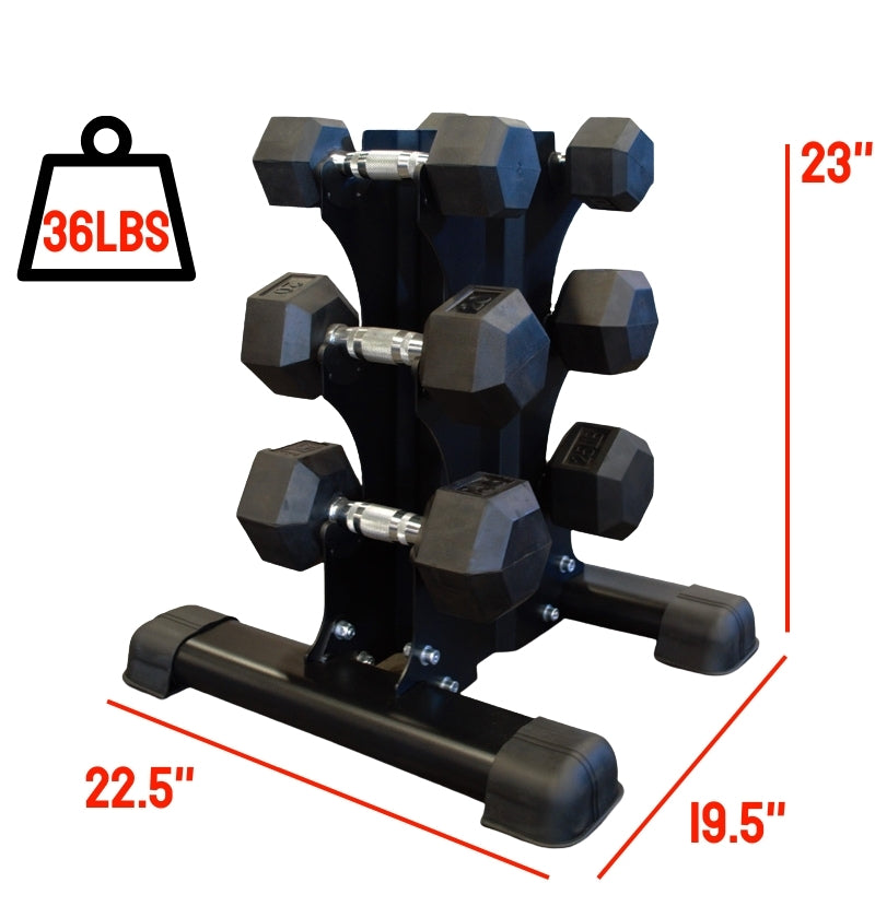 3 Pair vertical dumbbell rack weight and labeled dimensions gym equipment