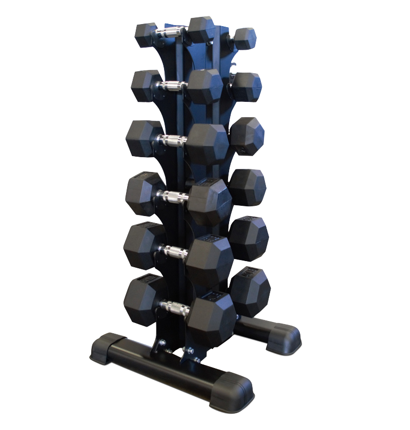 A vertical black dumbbell rack filled with dumbbells, designed for saving floor space and organizing weights.
