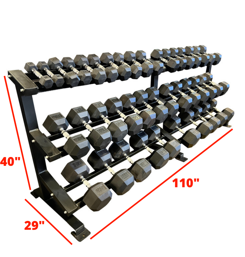 A black metal dumbbell rack with multiple shelves, capable of holding a range of dumbbell weights.