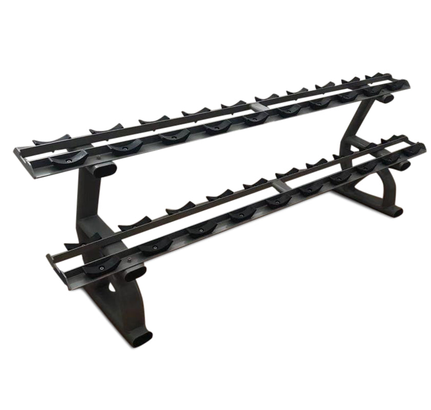 A two-tier dumbbell rack with saddles for efficient weight organization.