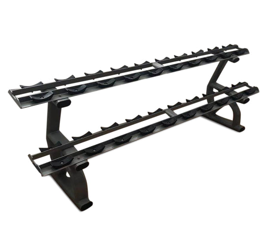 A two-tier dumbbell rack with saddles for efficient weight organization.
