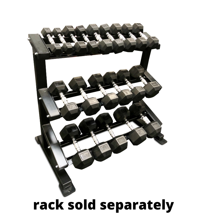 A set of black rubber hex dumbbells with chrome handles.