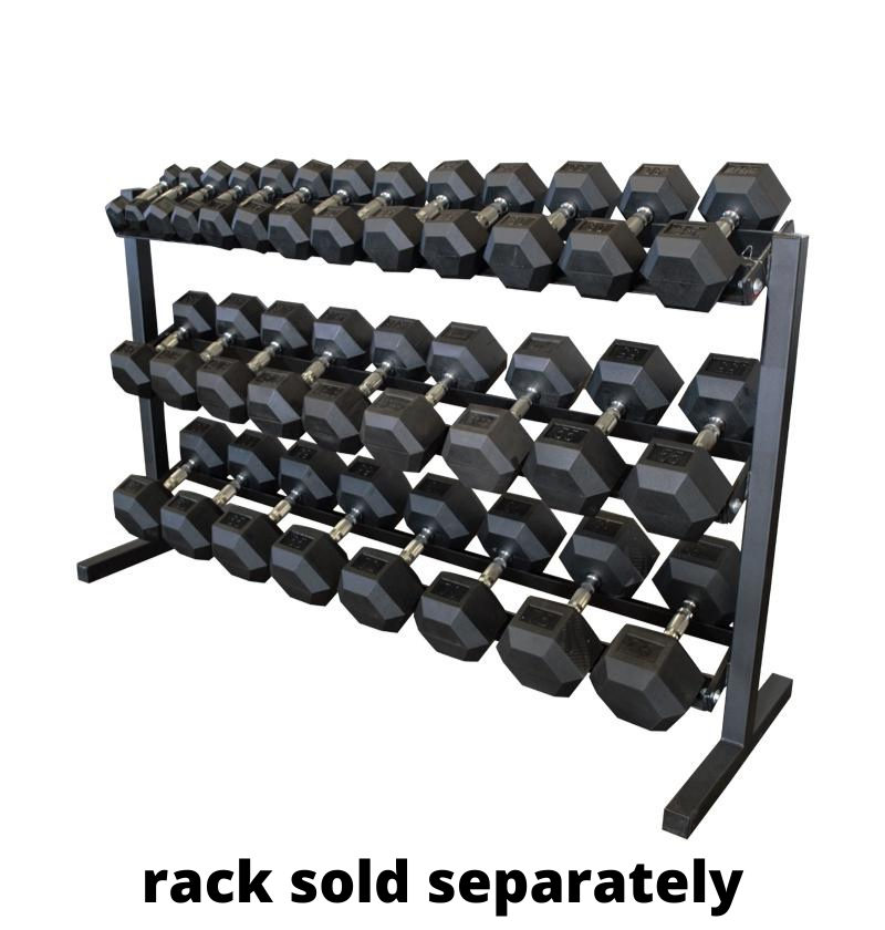 Rubber Hex Dumbbells displayed on a 3-tier metal rack with the label rack sold separately
