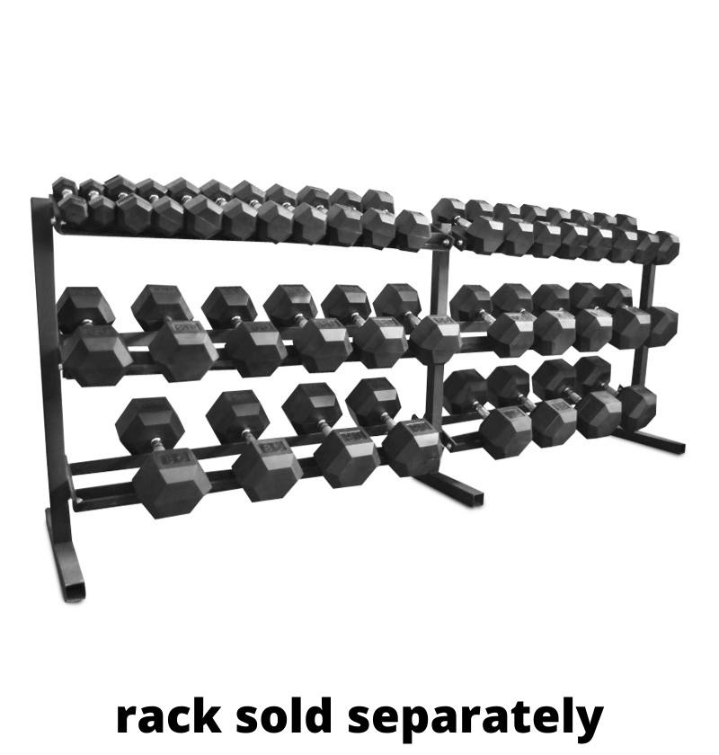A set of black rubber hex dumbbells on a two-tiered metal rack, with the rack noted as being sold separately.