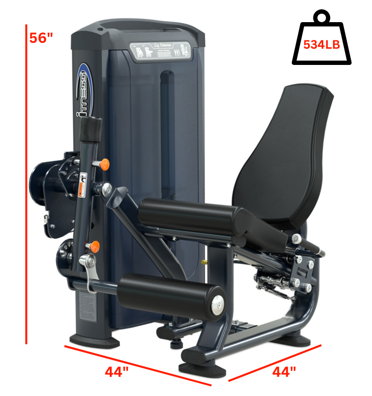 Leg press machine with measurements displayed, Leg Extension for fitness equipment reference.