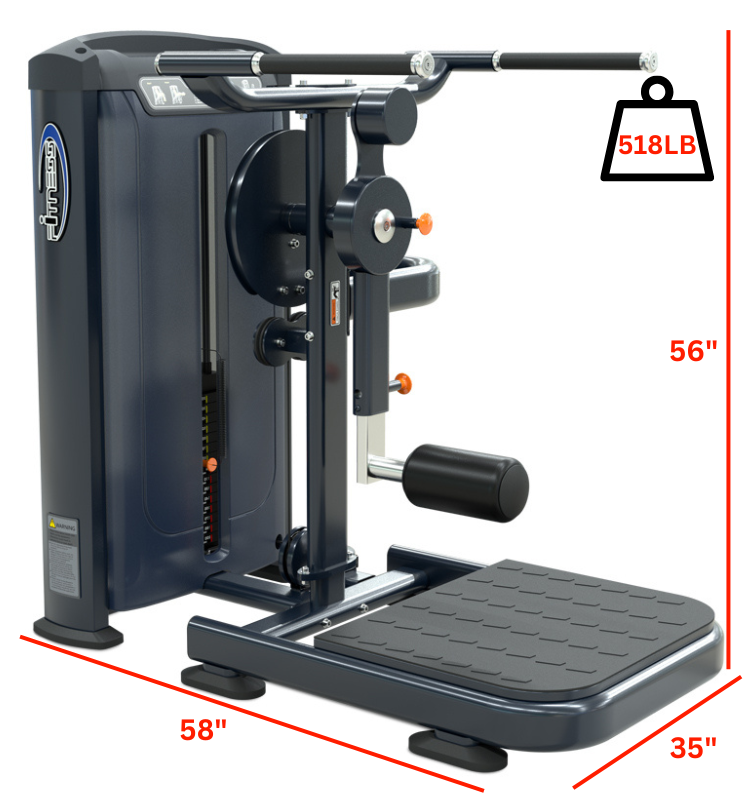 Adjustable leg press machine displayed with detailed measurements for user reference and setup.