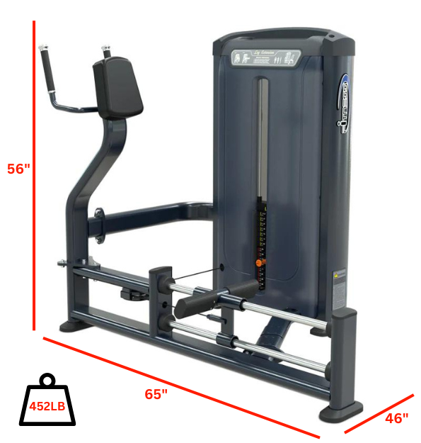 Body Solid Glute machine displayed with detailed measurements for user reference.