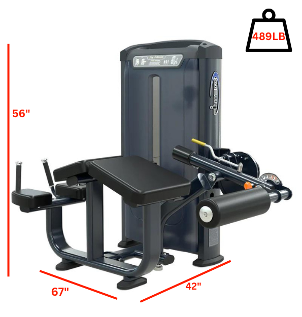 Horizontal Leg Curl machine shown with detailed measurements, intended for horizontal leg curl training