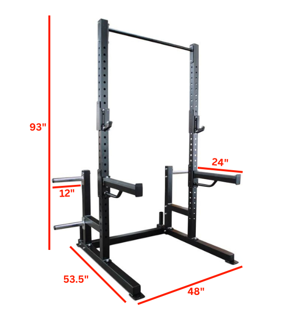 Deluxe Squat Rack with labeled dimensions