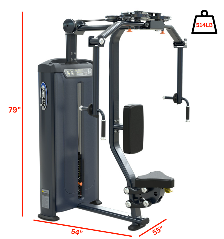 pec fly rear delt machine with labeled dimensions