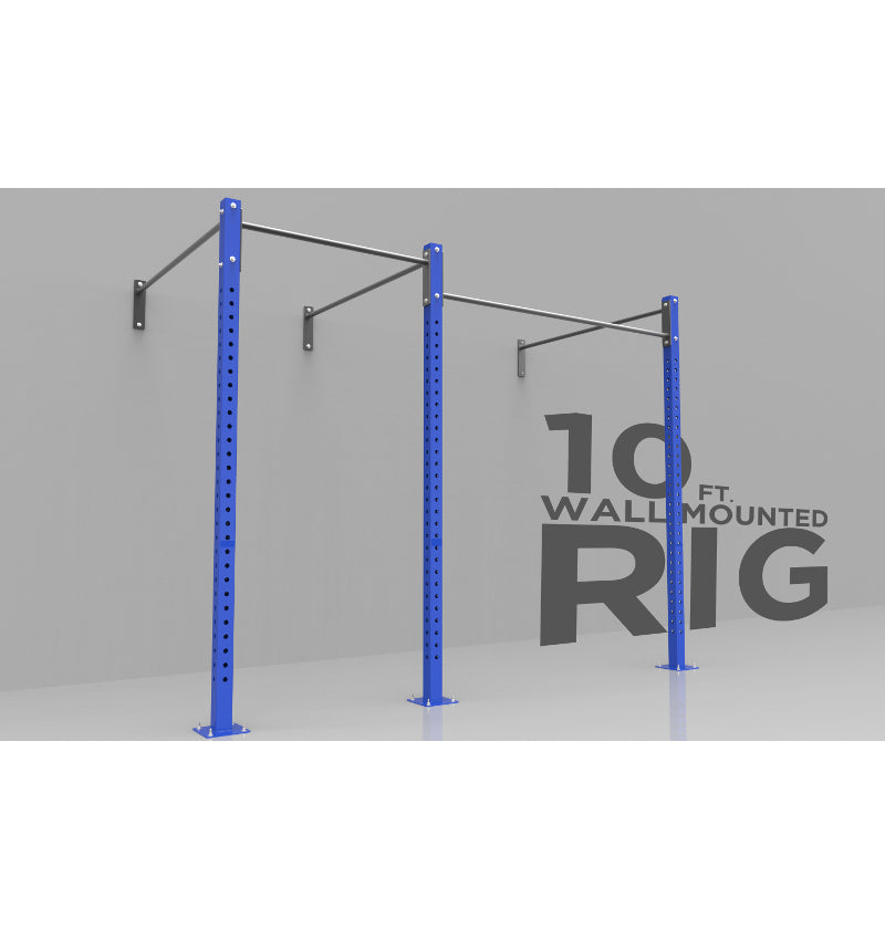 A wall mounted pull up rig featuring blue and silver steel frames with various exercise bars and attachments.