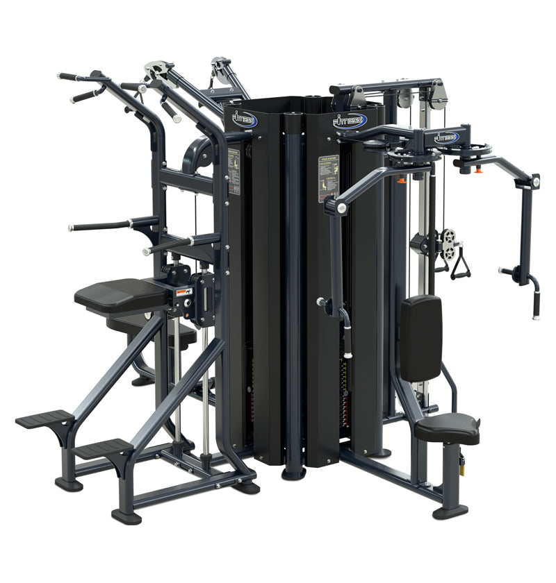 A gym setup with a squat rack and bench press, designed for multiple users in a 4-station configuration.