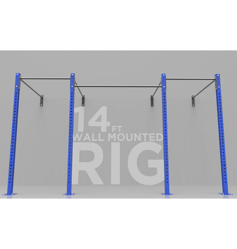 A wall mounted pull up rig featuring blue and silver steel frames with various exercise bars and attachments.