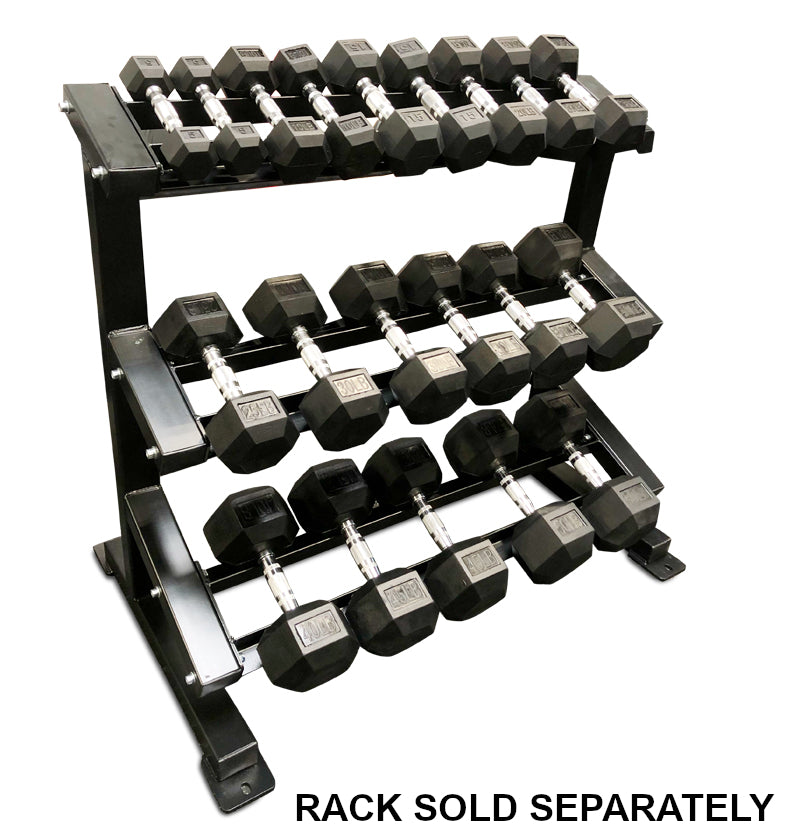 A set of black rubber hex dumbbells arranged on a 3- tier metal rack, with the rack sold separately noted at the bottom.