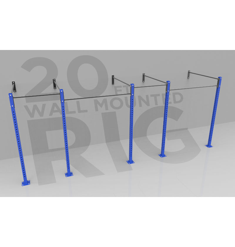A wall mounted pull up rig featuring red and silver steel frames with various exercise bars and attachments.