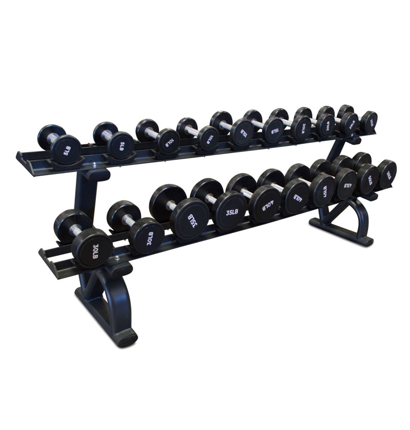 A black dumbbell rack equipped with saddles, showcasing an array of weights.