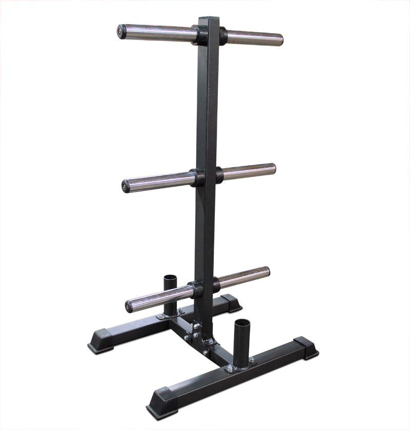 Black metal rack with three bars, serving as a short vertical bumper plate tree with two bar storage holders