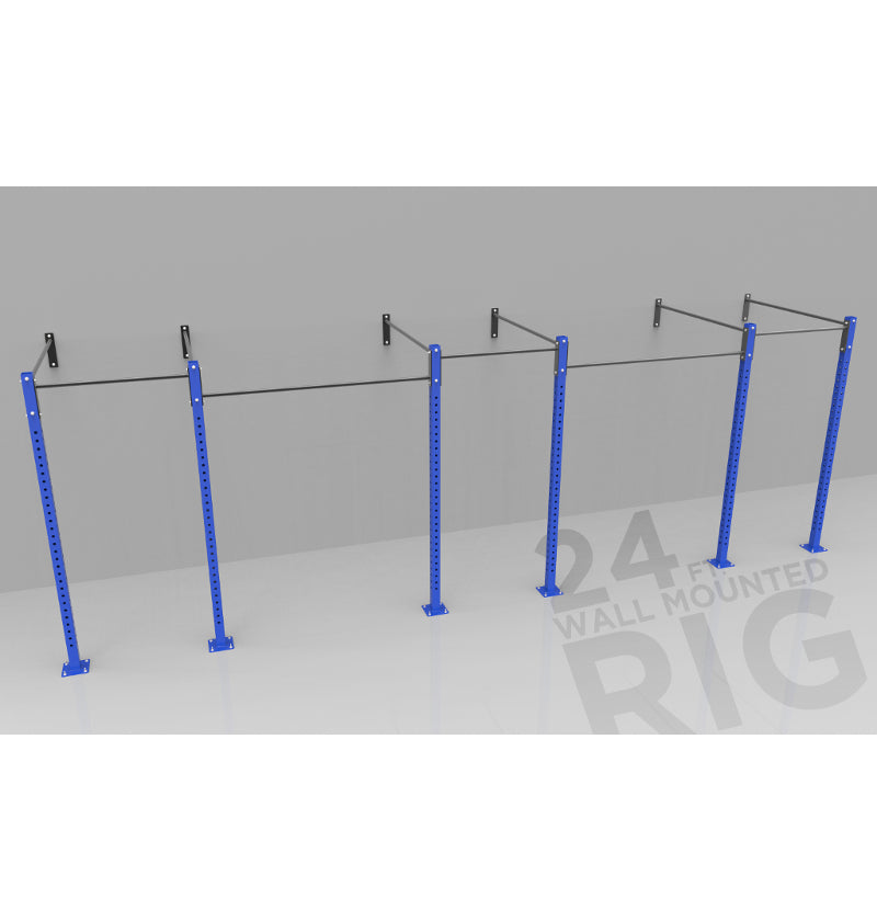 Wall-mounted pull-up bar with blue poles, suitable for home gyms and strength training activities.