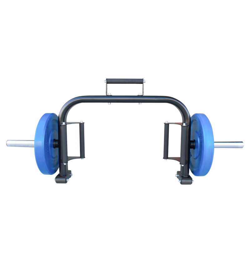 Front view of open trap bar with blue weights attached to either side