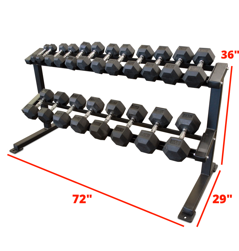 A black metal dumbbell rack with multiple shelves, capable of holding a range of dumbbell weights with labeled dimensions