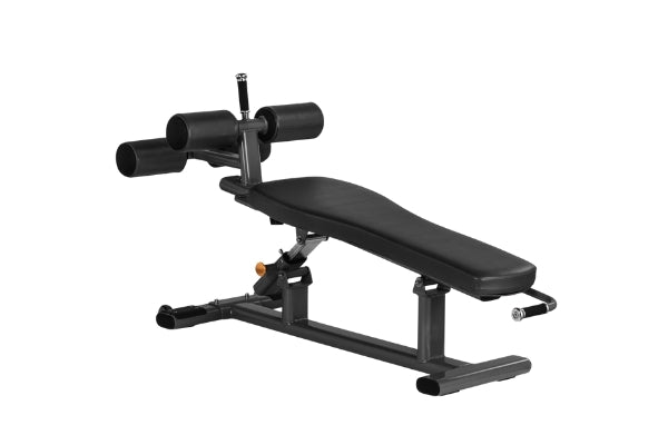 Black adjustable decline gym bench PL7331 with a sleek black seat, designed for versatile workout positions.