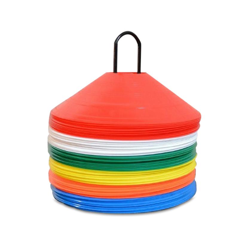 A stack of colorful agility cones in red, blue, green, white, yellow, and orange.