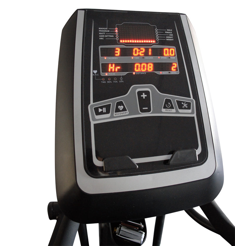 Close-up of an AirGo Elliptical machine with a displaying digital screen.
