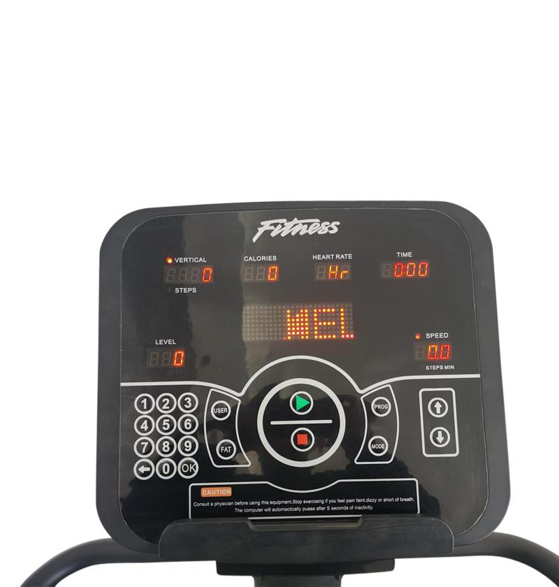Digital display of an AirGo Stair Climber showing the time and other features during a workout session