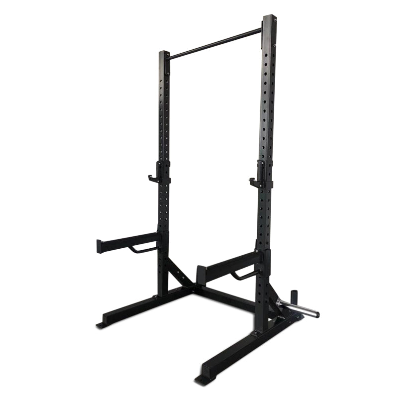 A Basic Squat Rack is featured on a white background, emphasizing its functional design and sturdy construction.