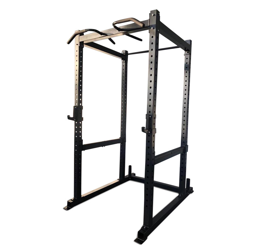 Power rack in black metal, model PL7356, equipped with two bars for various strength training workouts.