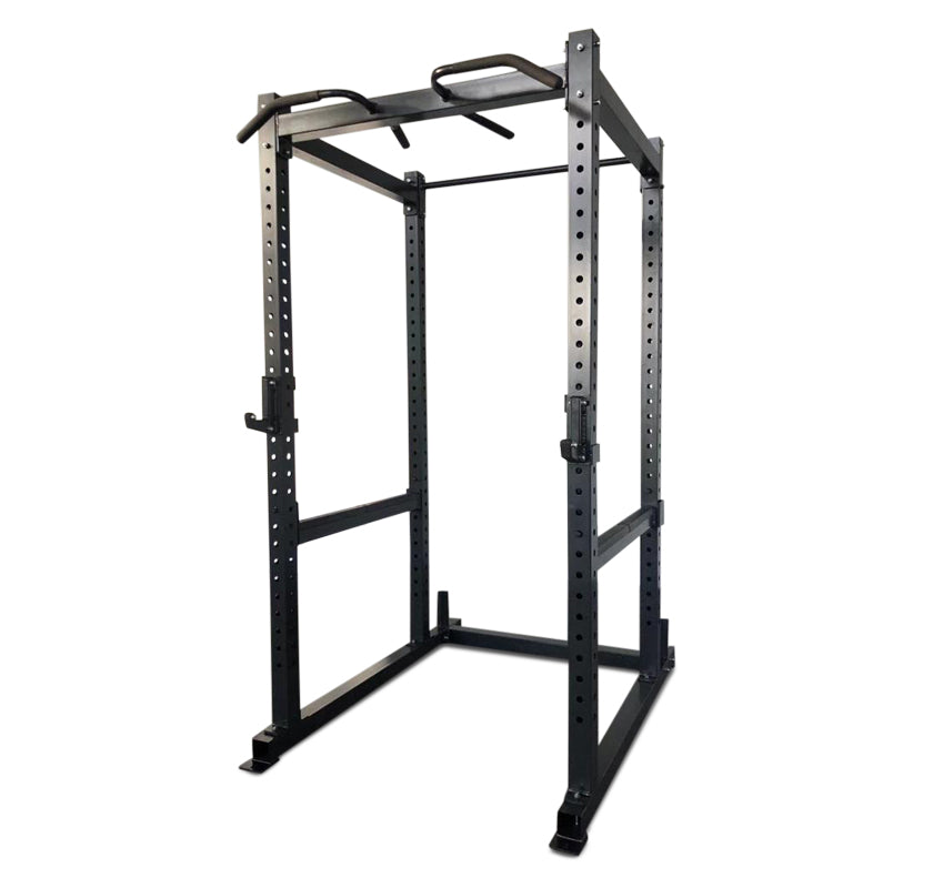 Power rack in black metal, model PL7356, equipped with two bars for various strength training workouts.