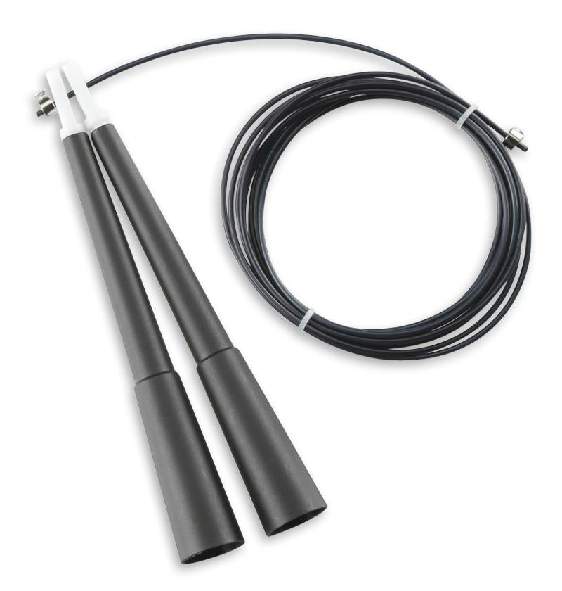 A black speed rope, typically used for fitness exercises.