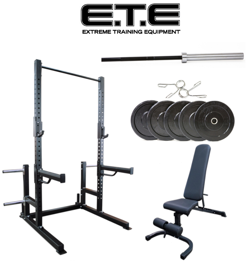 ETE Power Rack and Bench Set with Basic Power Cage, ideal for home gym strength training and workouts.