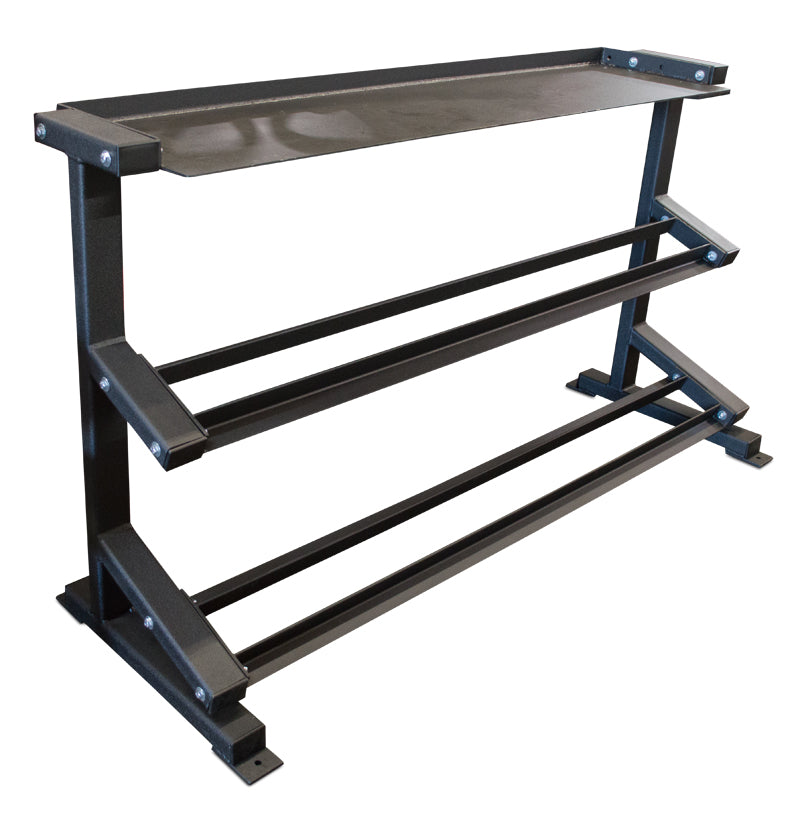 Two-shelf black metal rack designed for storing dumbbells and kettlebells efficiently