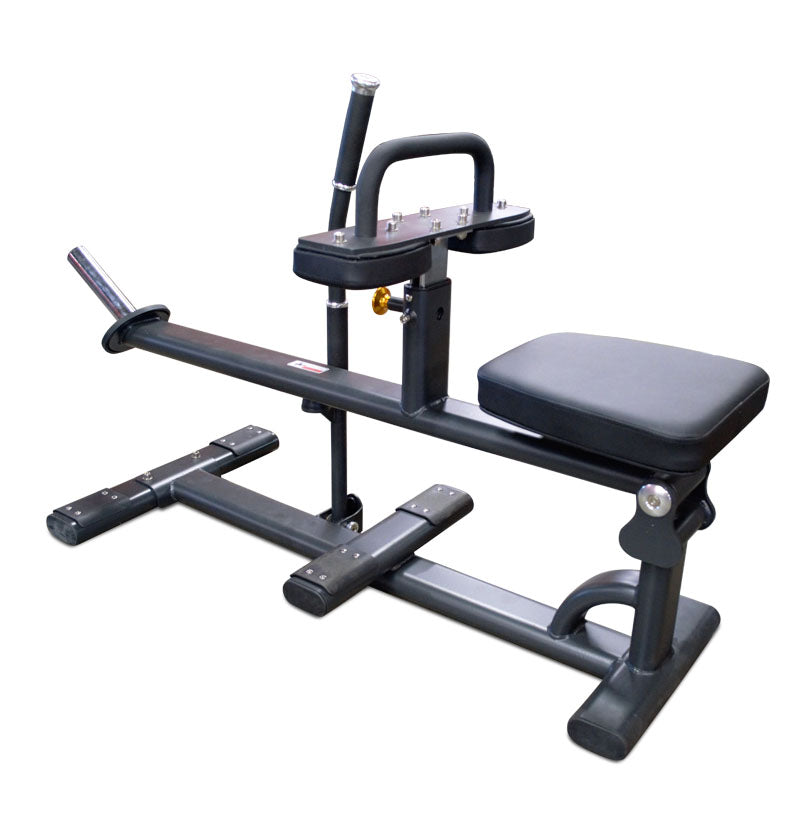 A black exercise machine equipped with a seat and footrest for enhanced workout comfort and support.