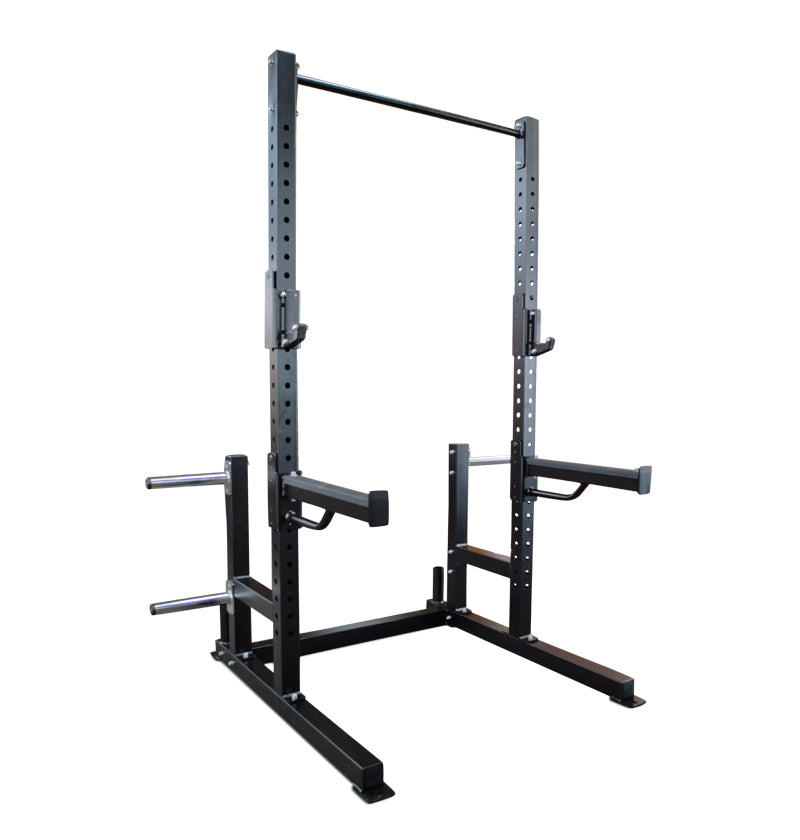 A deluxe squat rack displayed against a plain white background, highlighting its structure and design.