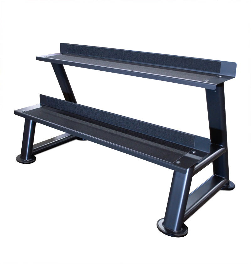 A simple 2 tray kettlebell Racks featuring two legs on a white backdrop.