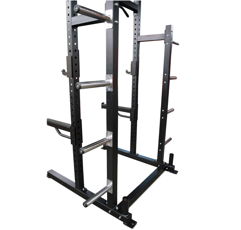A black Pro Half Rack featuring two bars positioned on it, designed for strength training exercises.