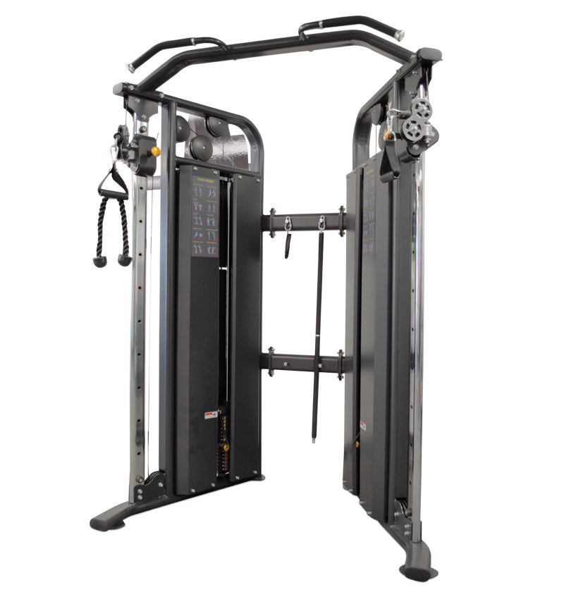A multi-station cable machine in a gym setting, designed for versatile strength training exercises.
