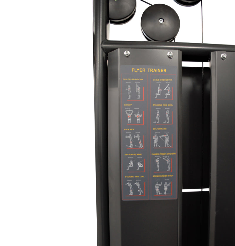A black gym equipment labeled as PL7320 Functional Trainer Dual Cable Machine, showcasing its design and functionality.