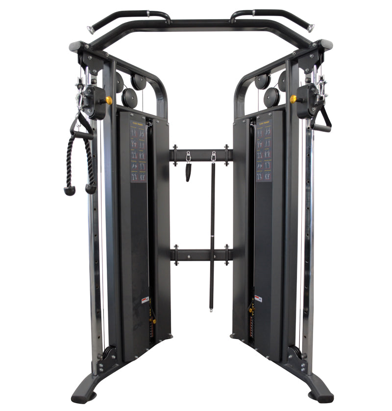 A multi-station cable machine in a gym, ideal for various strength training exercises.