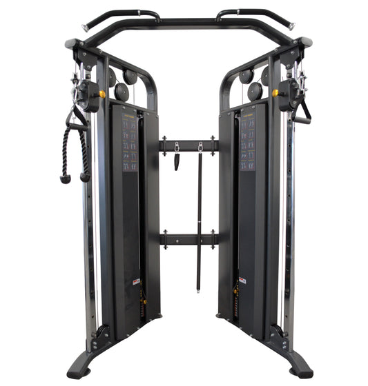 A multi-station cable machine in a gym, ideal for various strength training exercises.