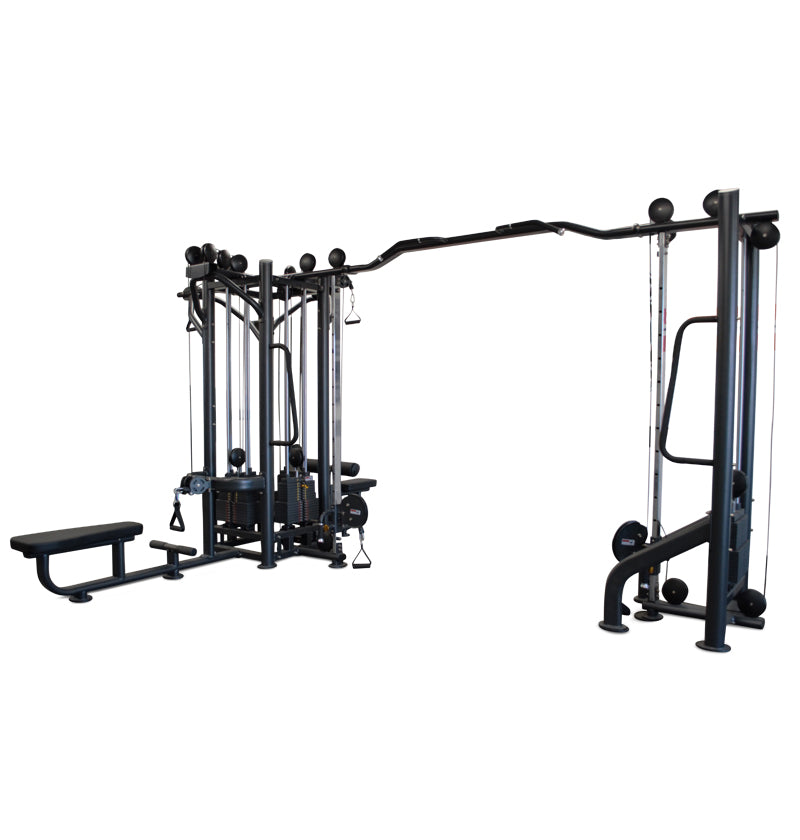 A black gym equipment set as a five-station gym setup