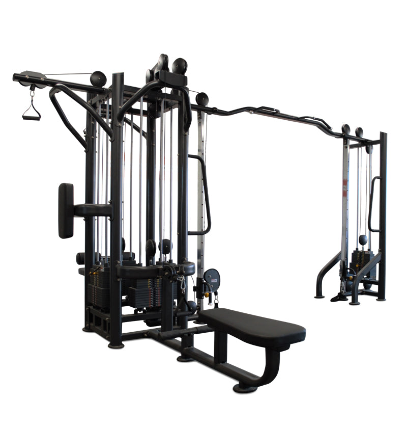 A black gym equipment set including a bench and squat rack, designed for a 5 Station Gym setup