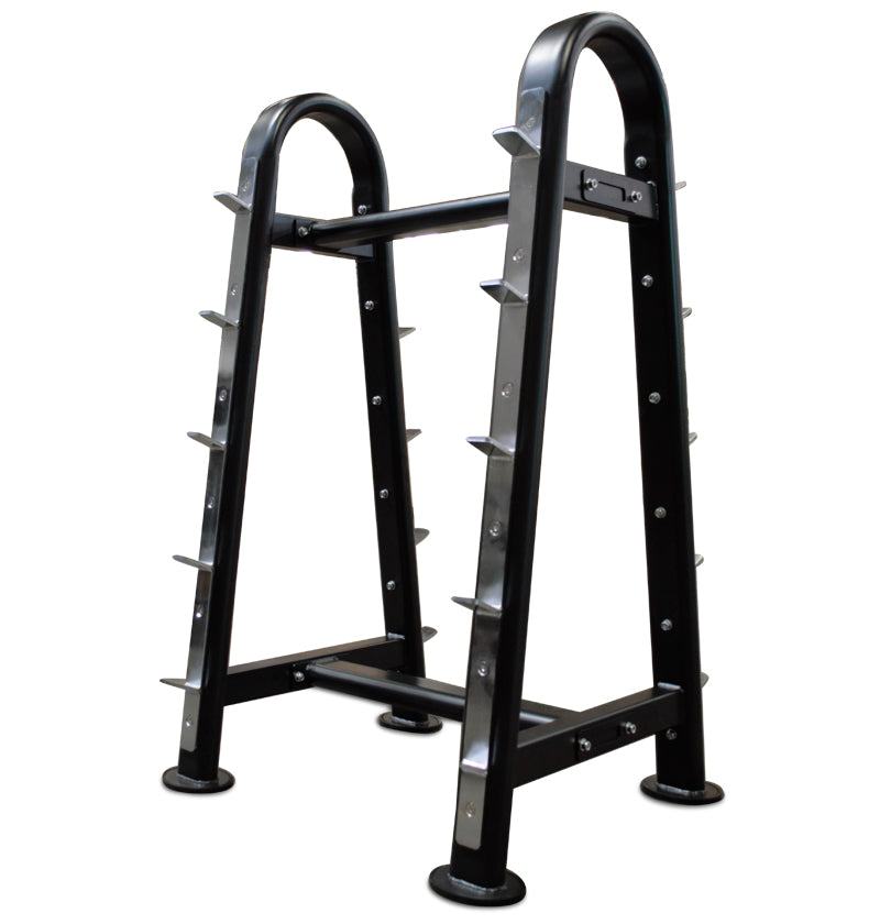 Curl bar rack in black metal, featuring spikes to keep workout bars in place.