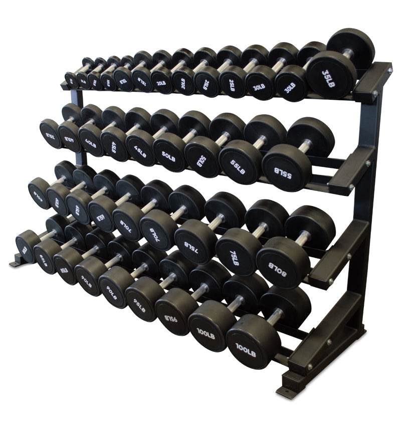 A rack filled with black dumbbells, showcasing a selection for strength training exercises.