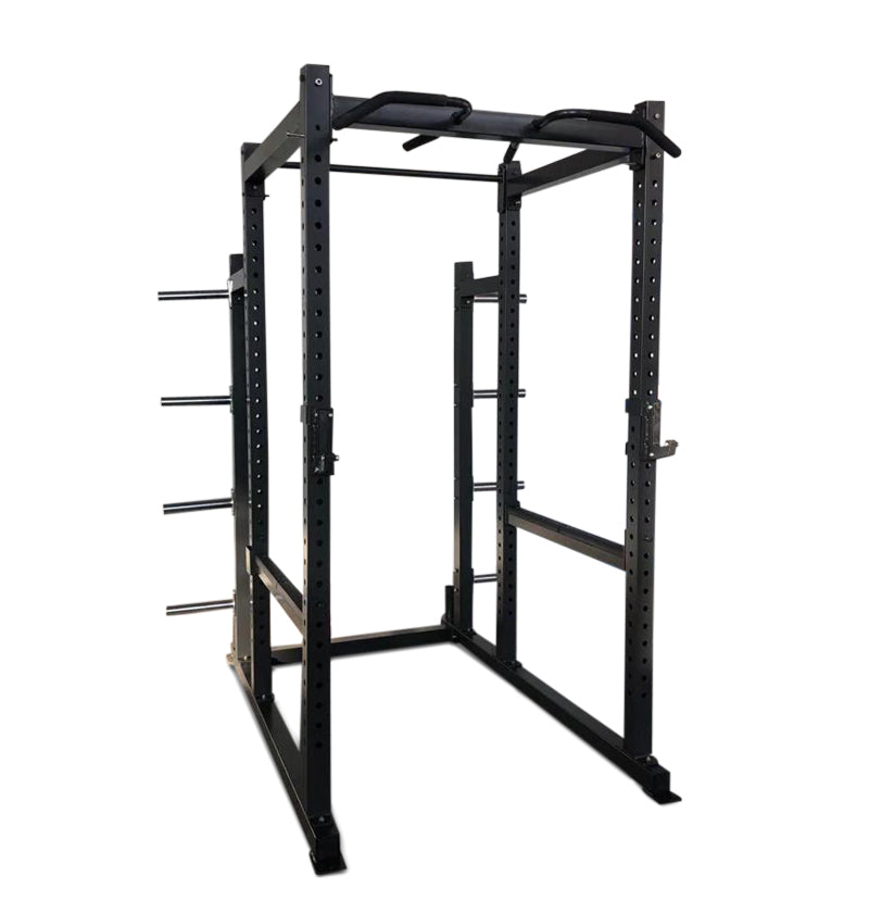 Deluxe Power Cage PL7355, a sturdy power rack designed to securely hold a barbell for strength training exercises.
