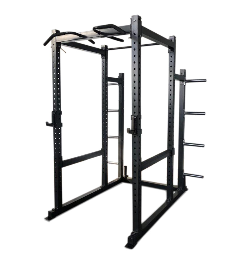 Deluxe Power Cage PL7355, a sturdy power rack designed to securely hold a barbell for strength training exercises.